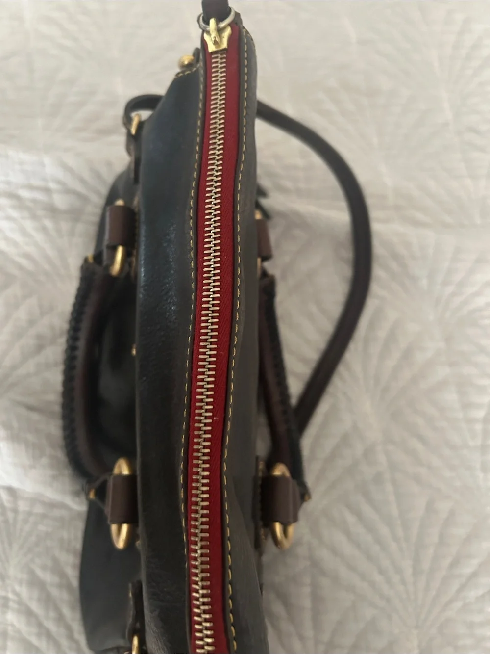 Dooney & Bourke Black Leather Satchel with Brown Trim and Gold Hardware